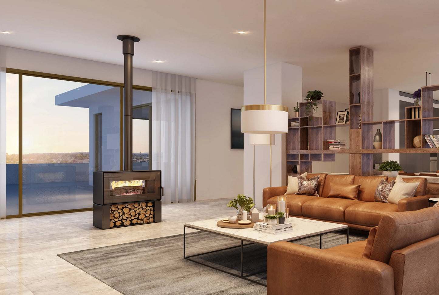 Taurus Double Sided Wood Stove with Wood Storage Including Fans Visionline