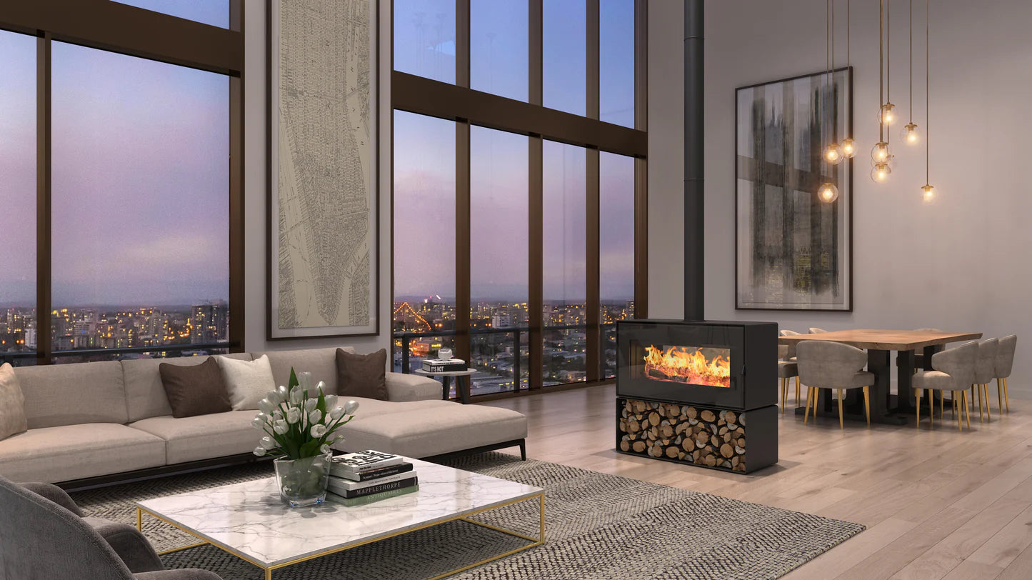 Taurus Double Sided Wood Stove with Wood Storage (No Fans)