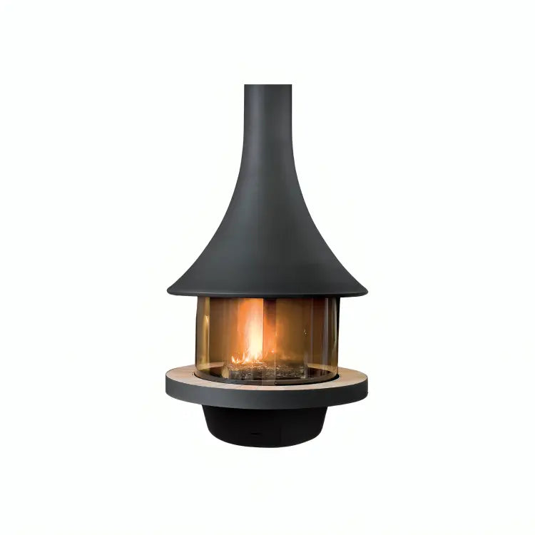 JC Bordelet EVA 992 central hanging fireplace with gas burner, fire safety glass, pedestal base with grey coloured bricks or solid metal base Bordelet