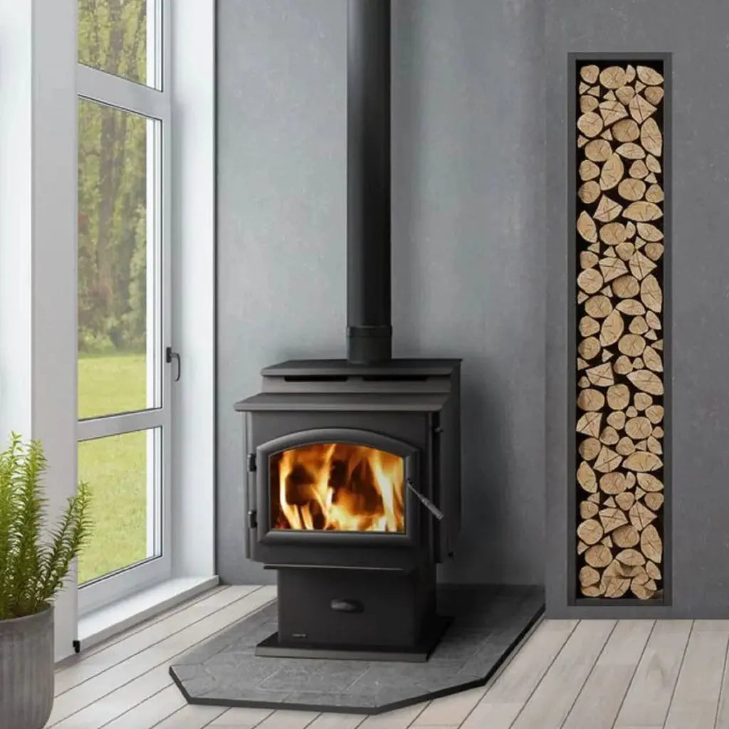 Quadrafire 5700 Step Top Pedestal with Black Arched Door Quadrafire