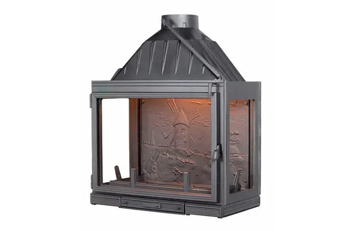 Seguin MultiVision 8000 Cast Iron Fireplace - 3 Sided Firebox - 2 Small Side Glass - 1 Swing Door Windmill or Blank back plate options (must specify) Seguin