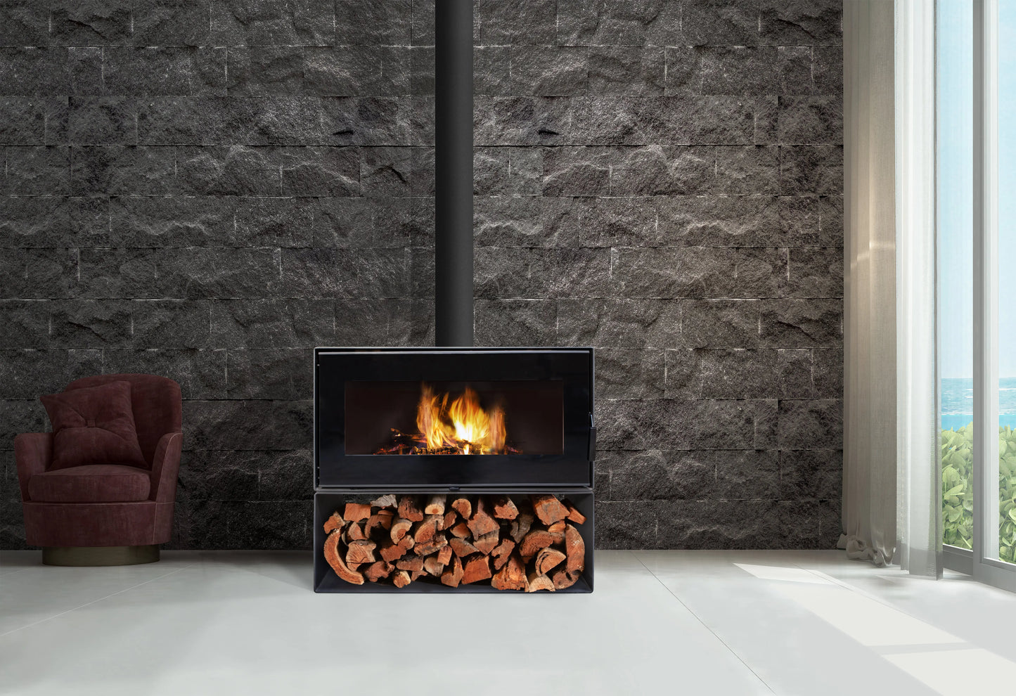 Taurus Single Sided Wood Stove with Wood Storage Visionline