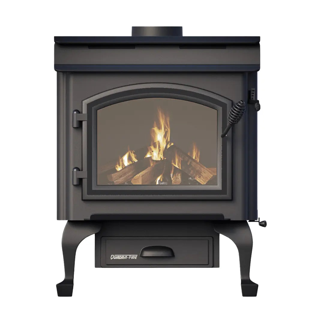 Quadra-Fire 4300 Step Top Black Arched Door and Black Queen Anne Legs Quadrafire