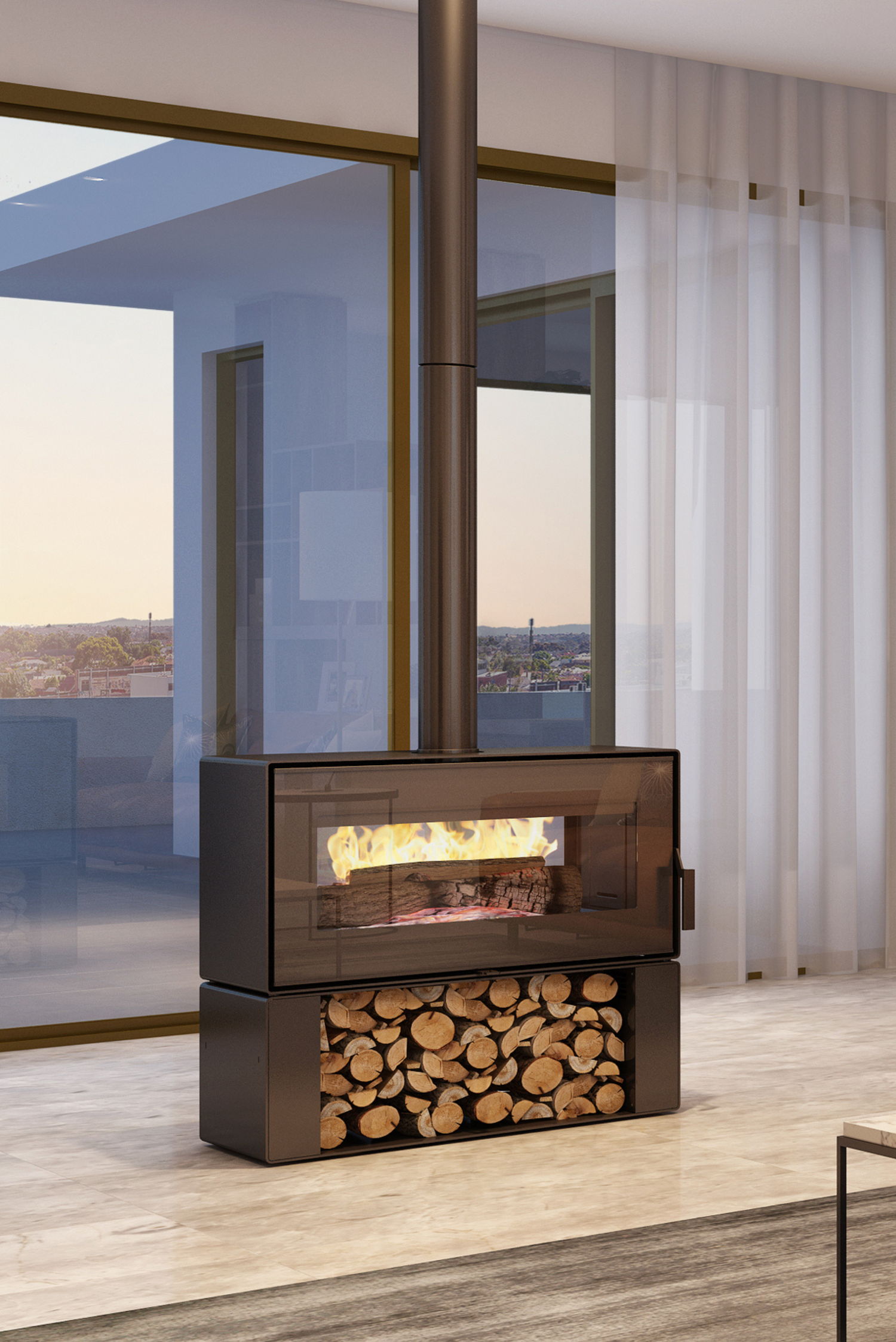 Taurus Double Sided Wood Stove with Wood Storage Including Fans