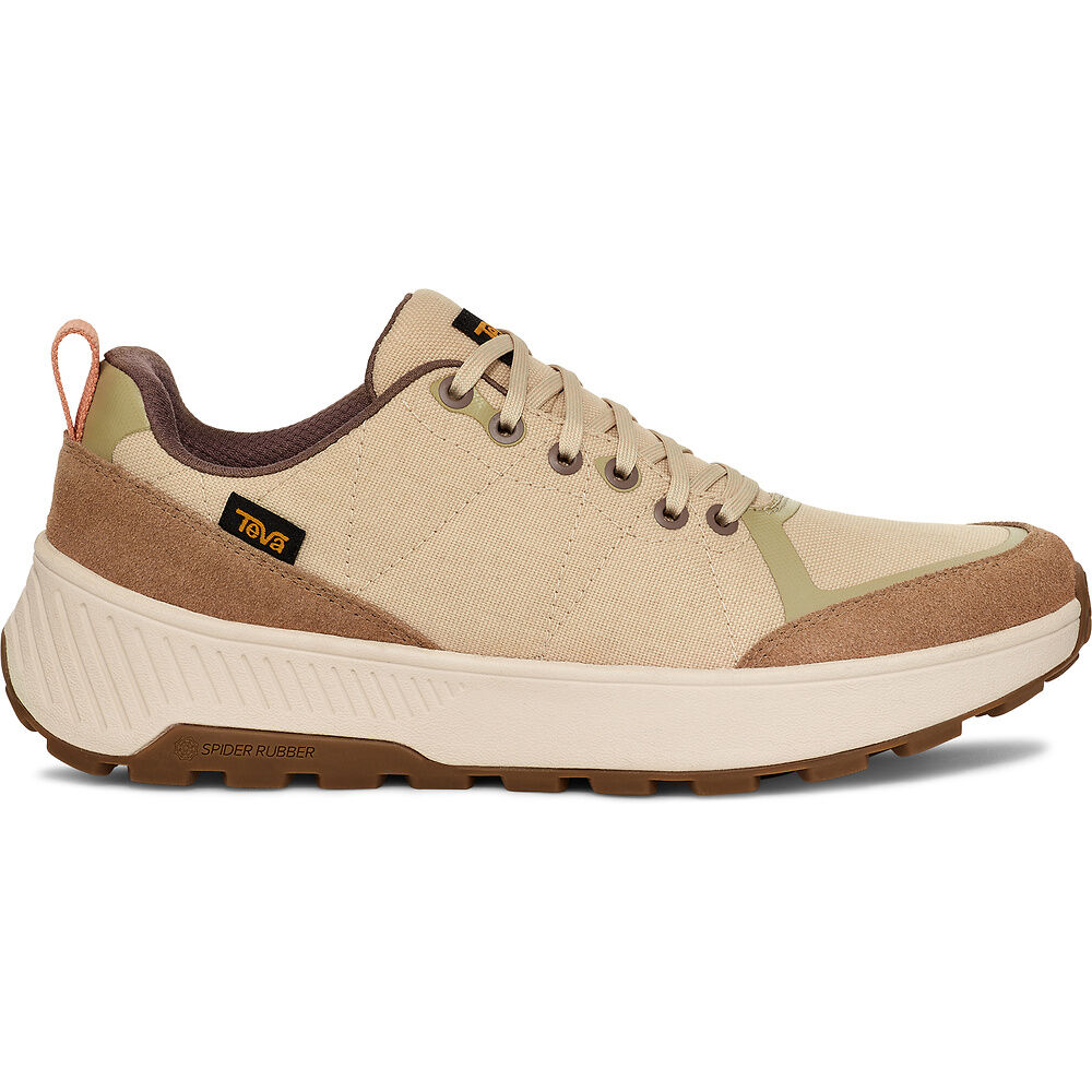 A pair of beige Teva women's sneakers with lace-up closure, featuring a cushioned sole and a peppermint-based anti-odor treatment.